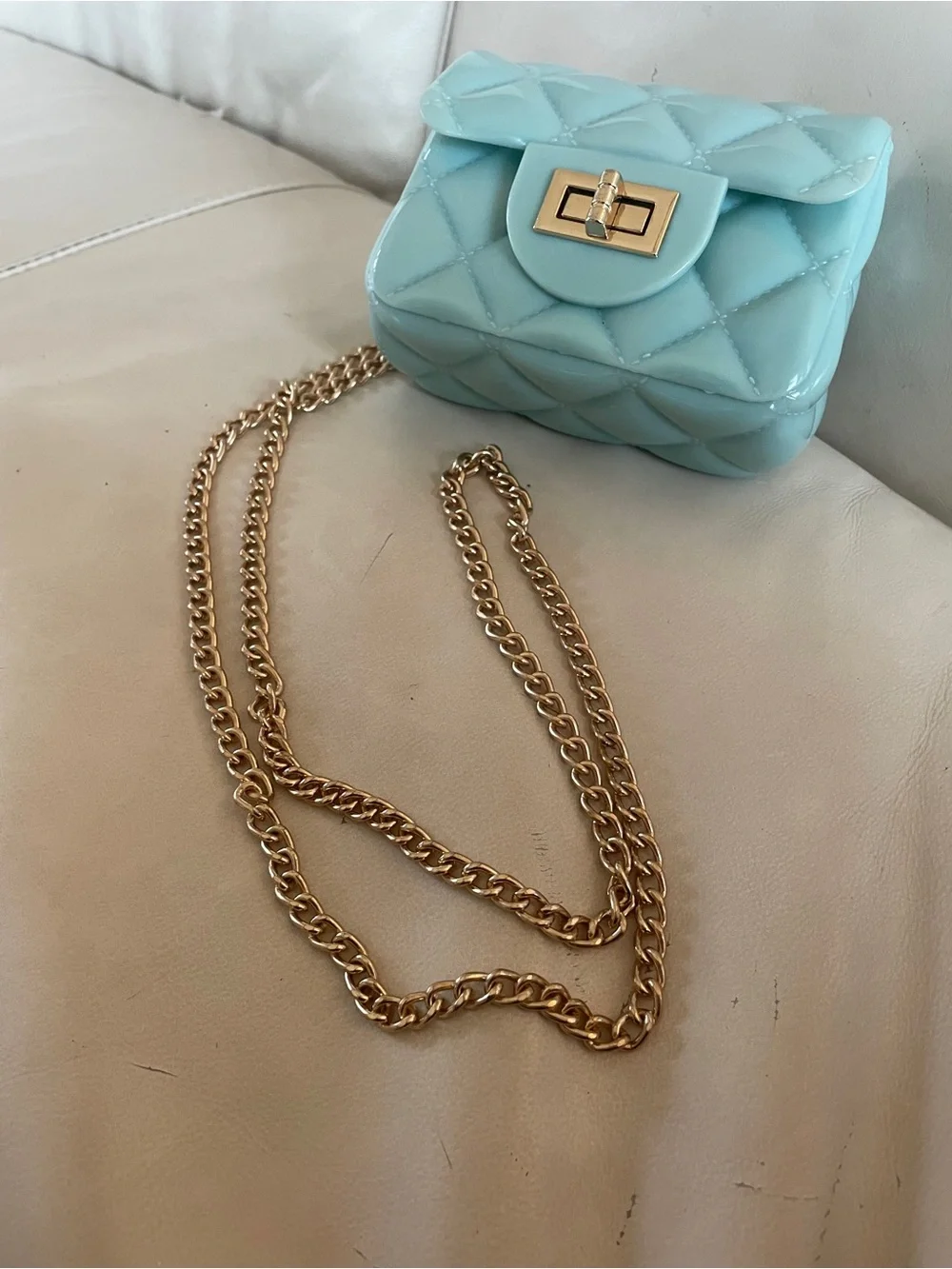🩵✨ Mint / Light Aqua Jelly Quilted Mini Crossbody Bag with Gold Chain